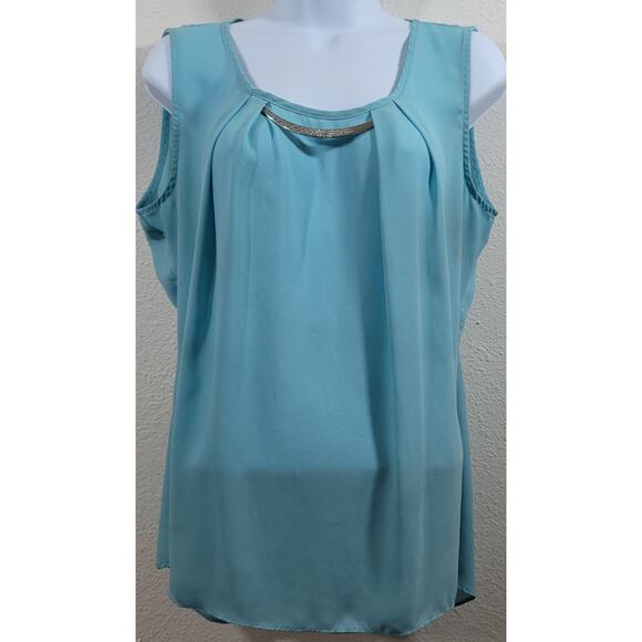 Milano Teal Sleeveless Silver Jewelry At Bodice Blouse Large Lightweight Soft - Picture 1 of 5